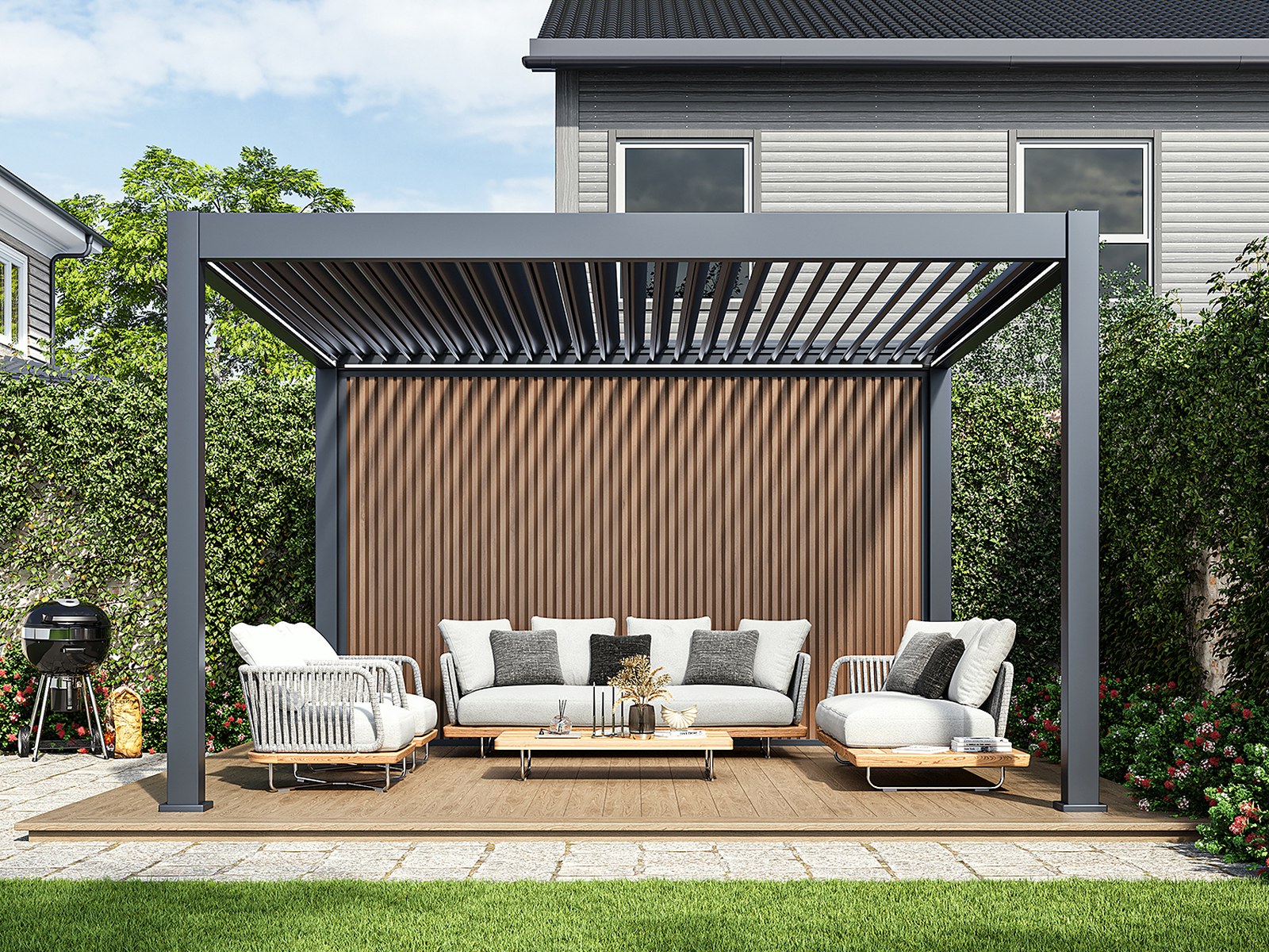 Pergola Antares con parete WPC effetto legno teak