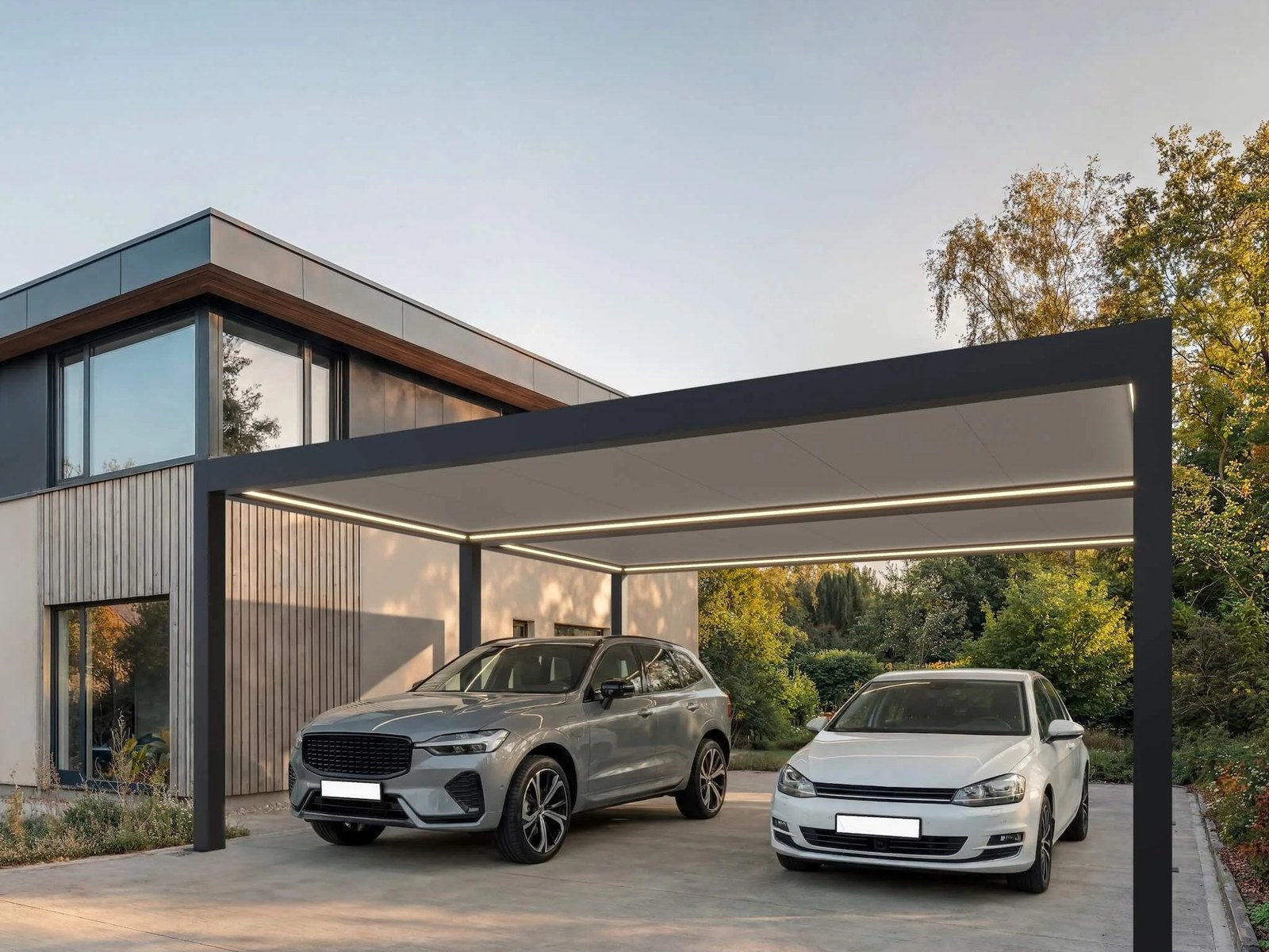 Carport Altura 6 x 6 m in Anthrazit mit zwei Fahrzeugen