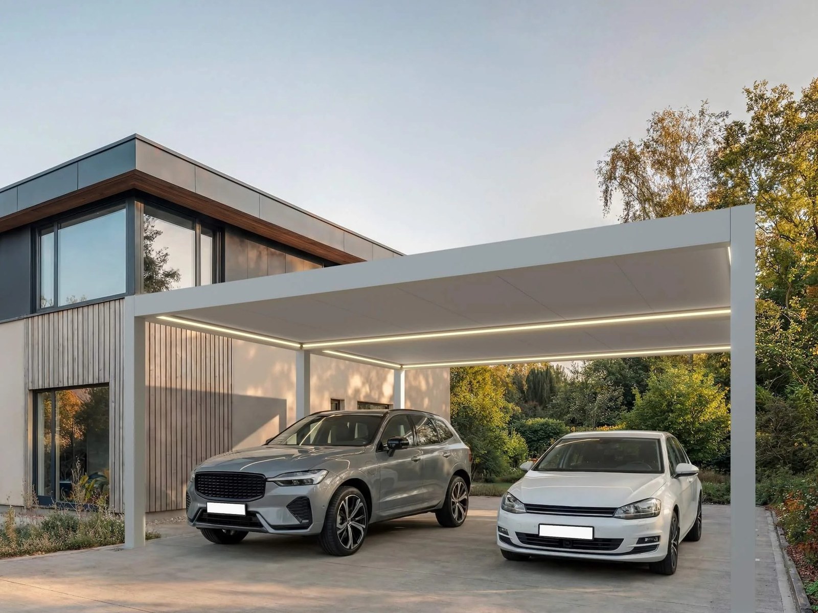 Carport Altura im Winter, Dach unter Schnee