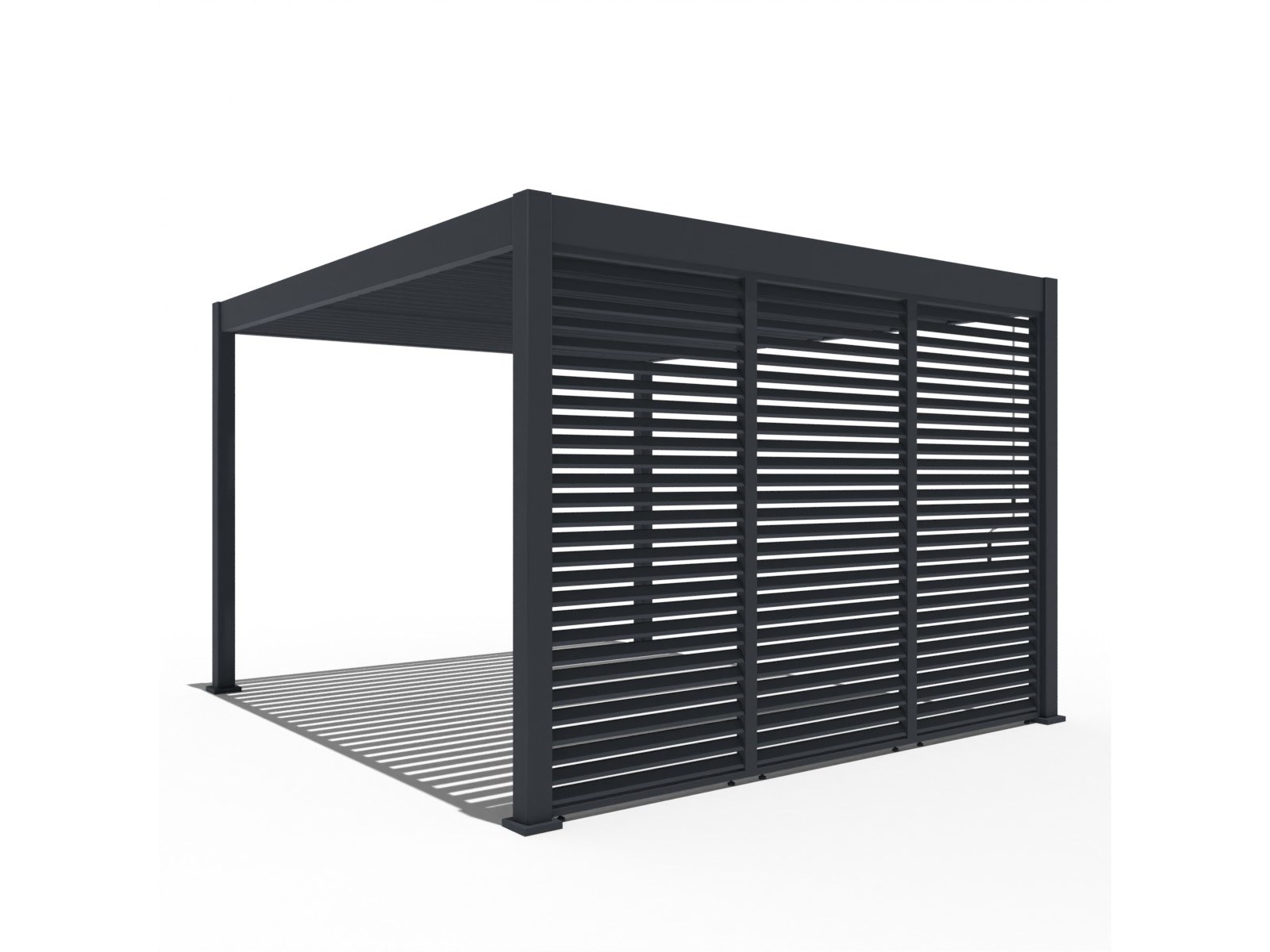 Pergola Antares mit drei horizontalen Lamellenpaneelen an einer Seite