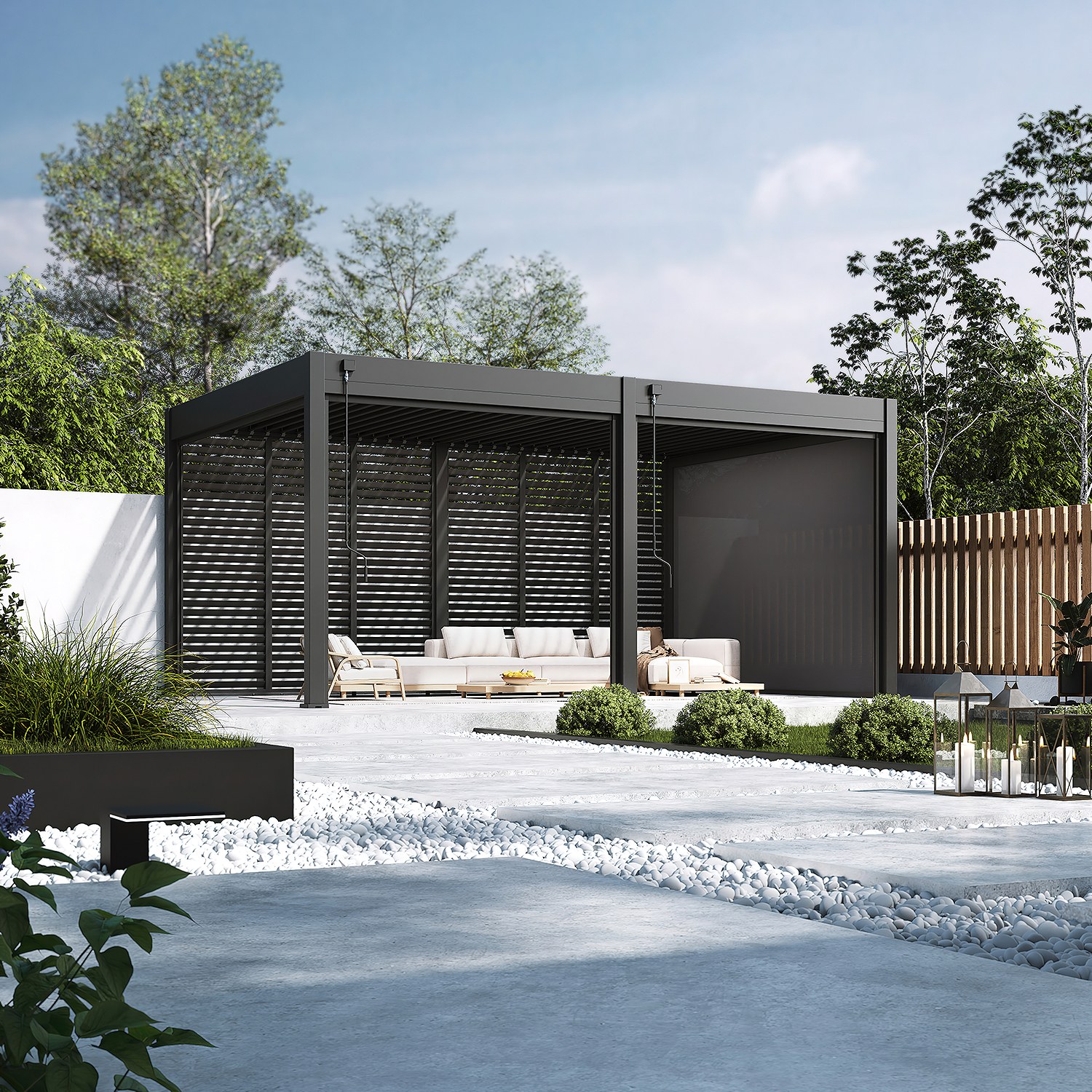 Antares pergola with an anthracite sunblind in the garden