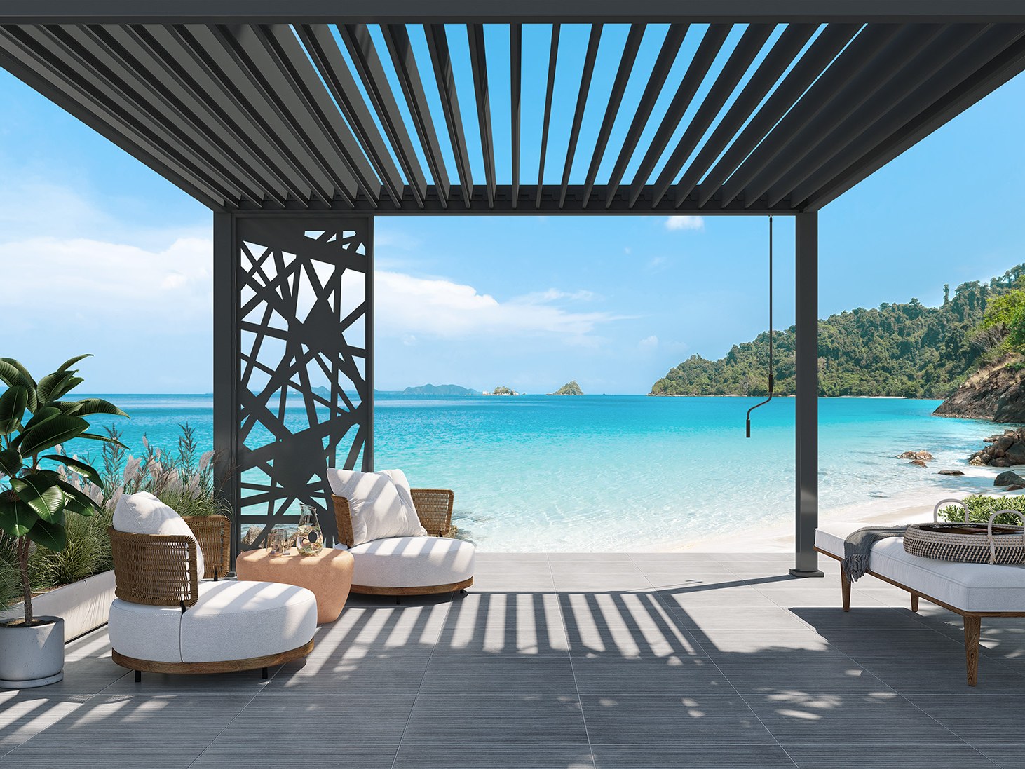 Pergola z dizajnersko stranico z abstraktnim vzorcem ob morju