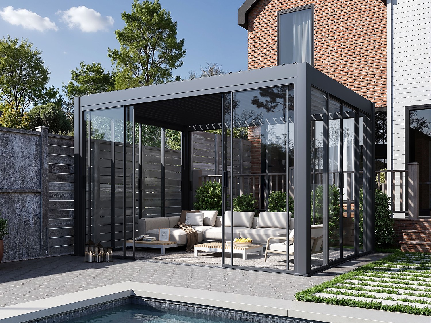 Pergola Antares con parete in vetro scorrevole in antracite accanto alla casa