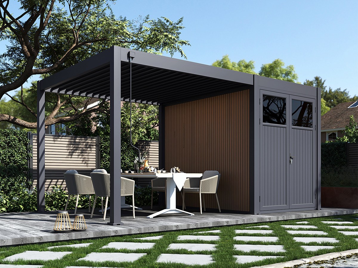 Garden shed in anthracite and teak alongside the Antares pergola on a terrace