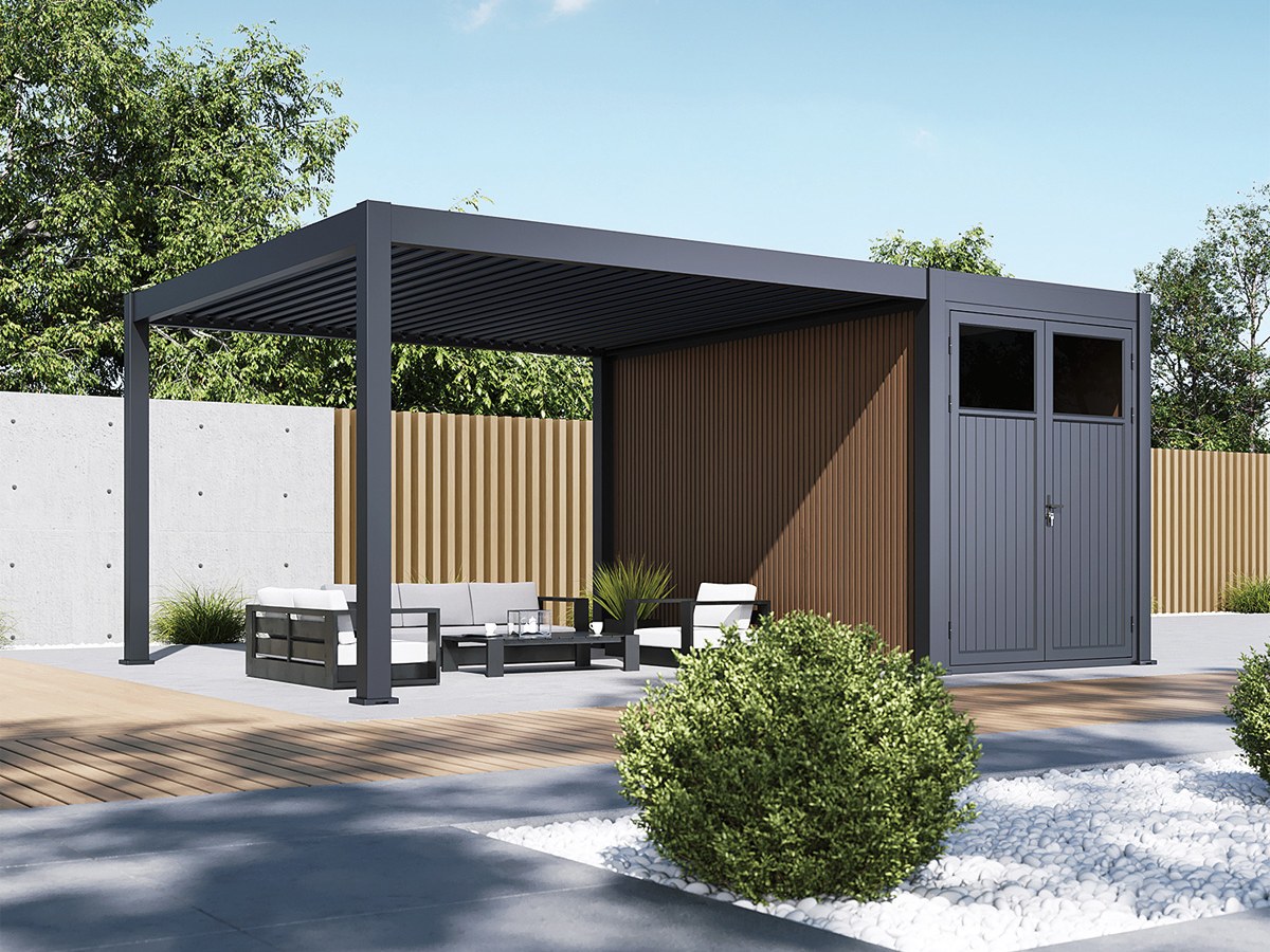 Antares pergola with a 4 x 2 m garden shed along its side