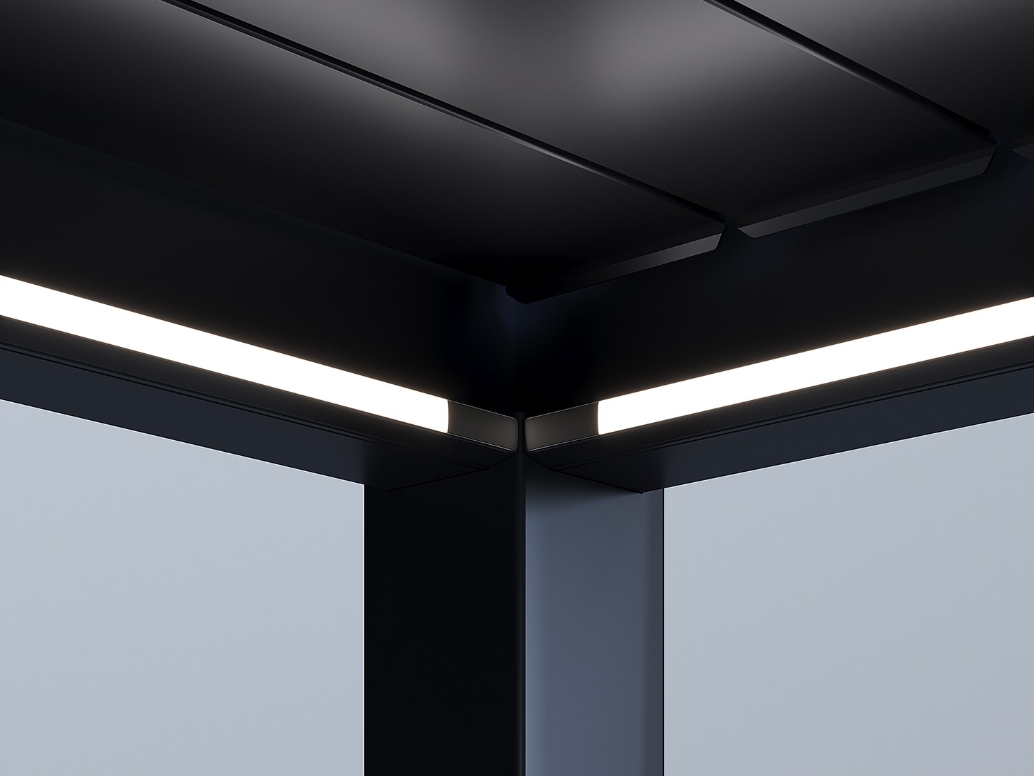 Pergola Antares z RGB LED osvetlitvijo v modri barvi ob večeru