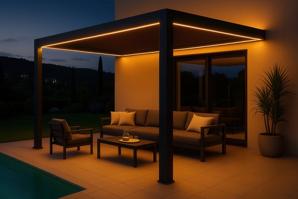 Bioklimatska pergola Antares z LED-osvetlitvijo zvečer